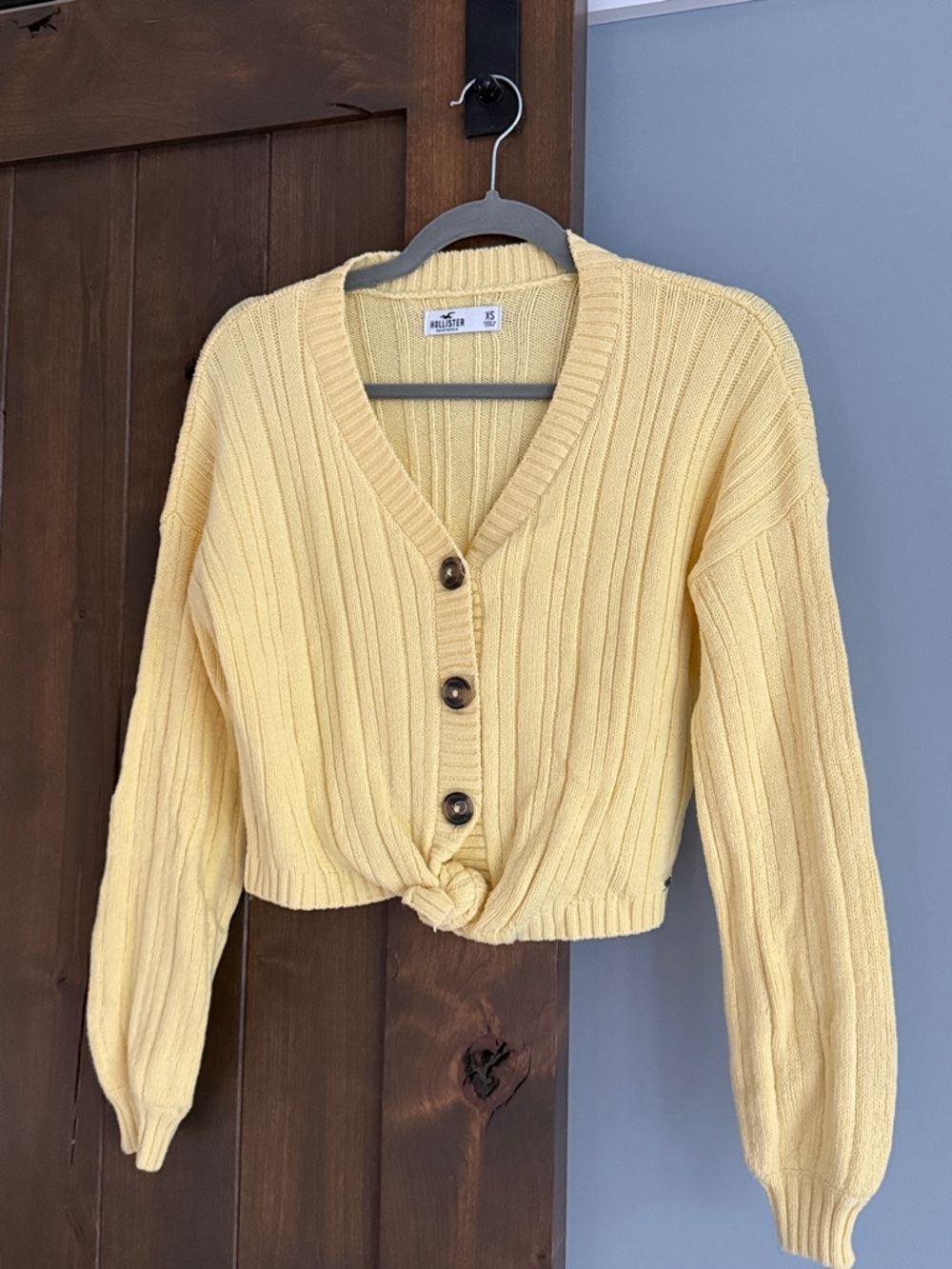 Hollister Yellow Ribbed Cropped Cardigan with Knot | Size XS